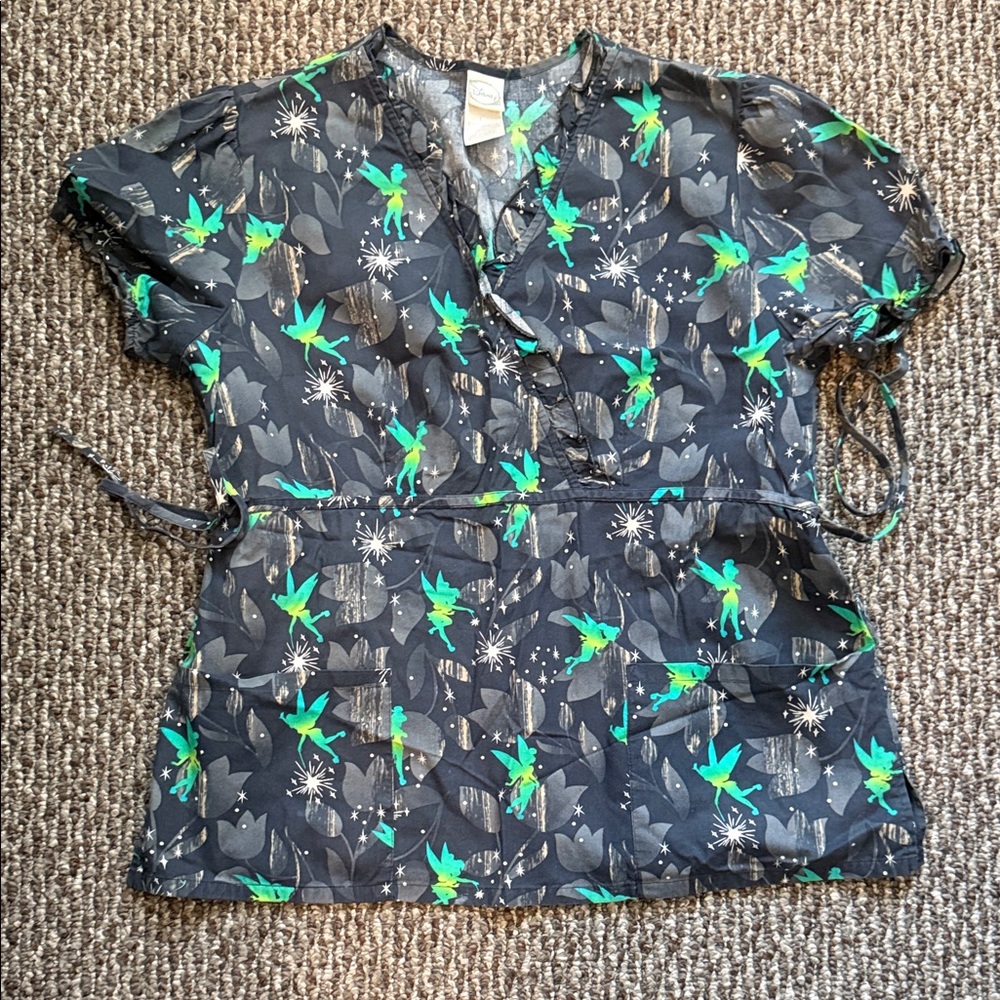 Women's Black and Green Fairy Print Scrub Top